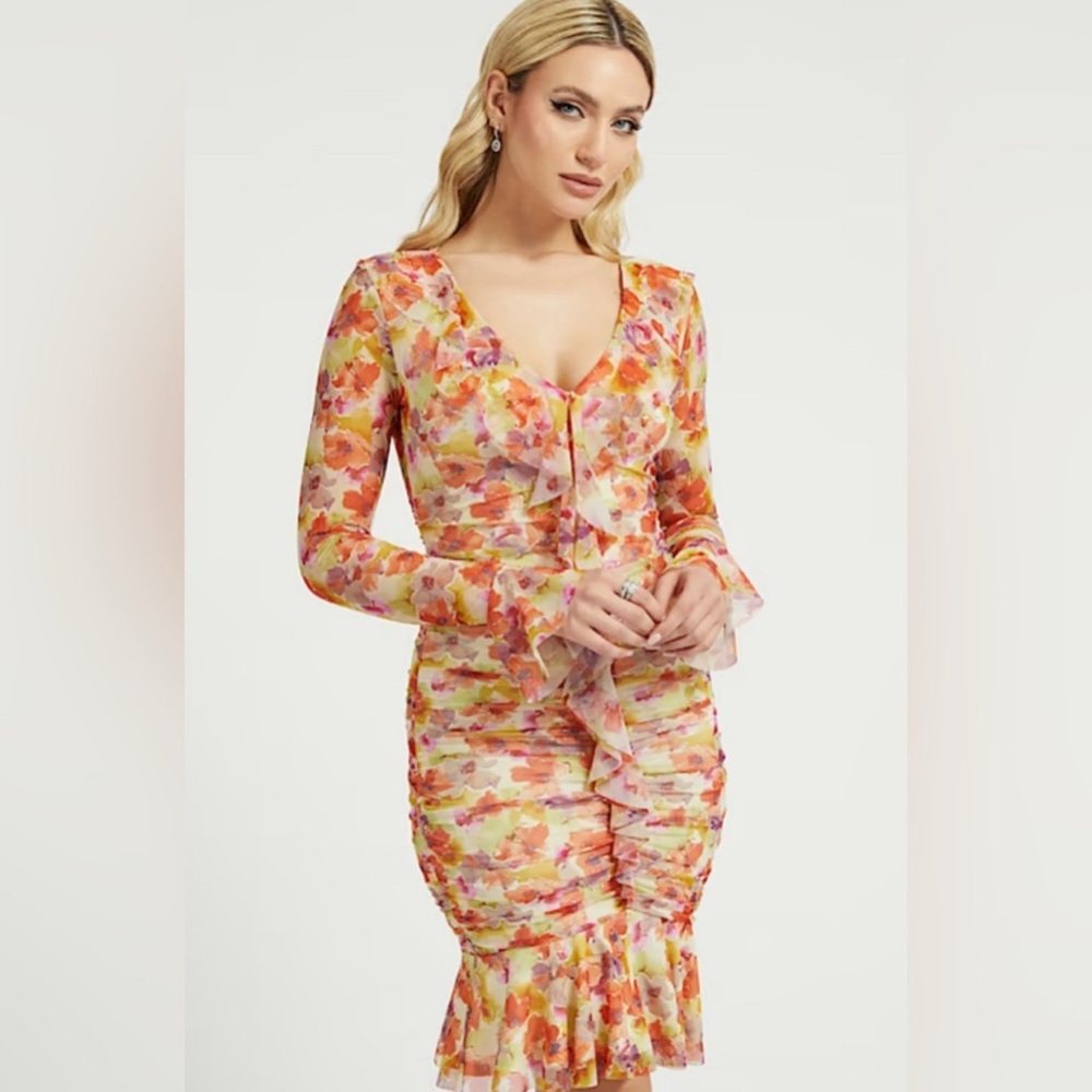 Guess Orange and Pink Ruched Bell Sleeve Mini Dress